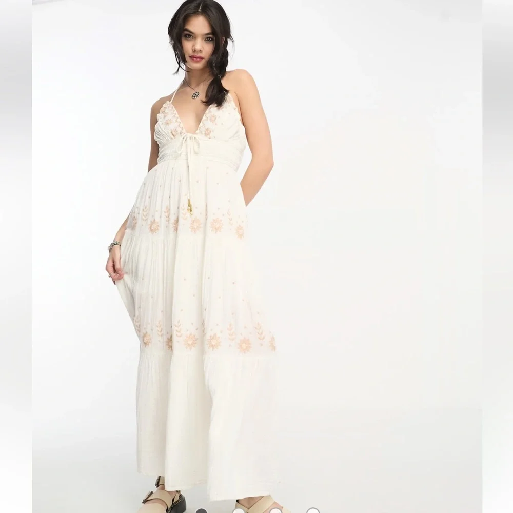Free People Real Love Embroidered Bohemian Maxi Dress Size‎ M Summer Resort Boho - Picture 7 of 16